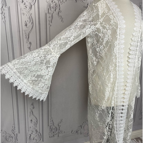 White Lace Kimono Duster Cardigan Coverup - Picture 4 of 9